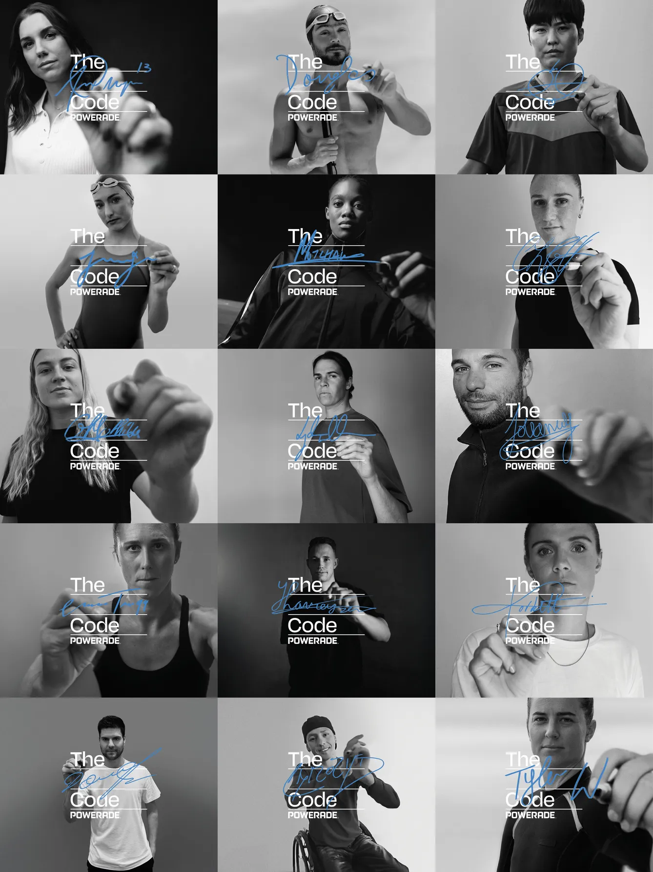 Collage van vijftien zwart-wit portretten van topsporters die hun handtekening in het blauw richting de camera schrijven, met de tekst “The Code Powerade 